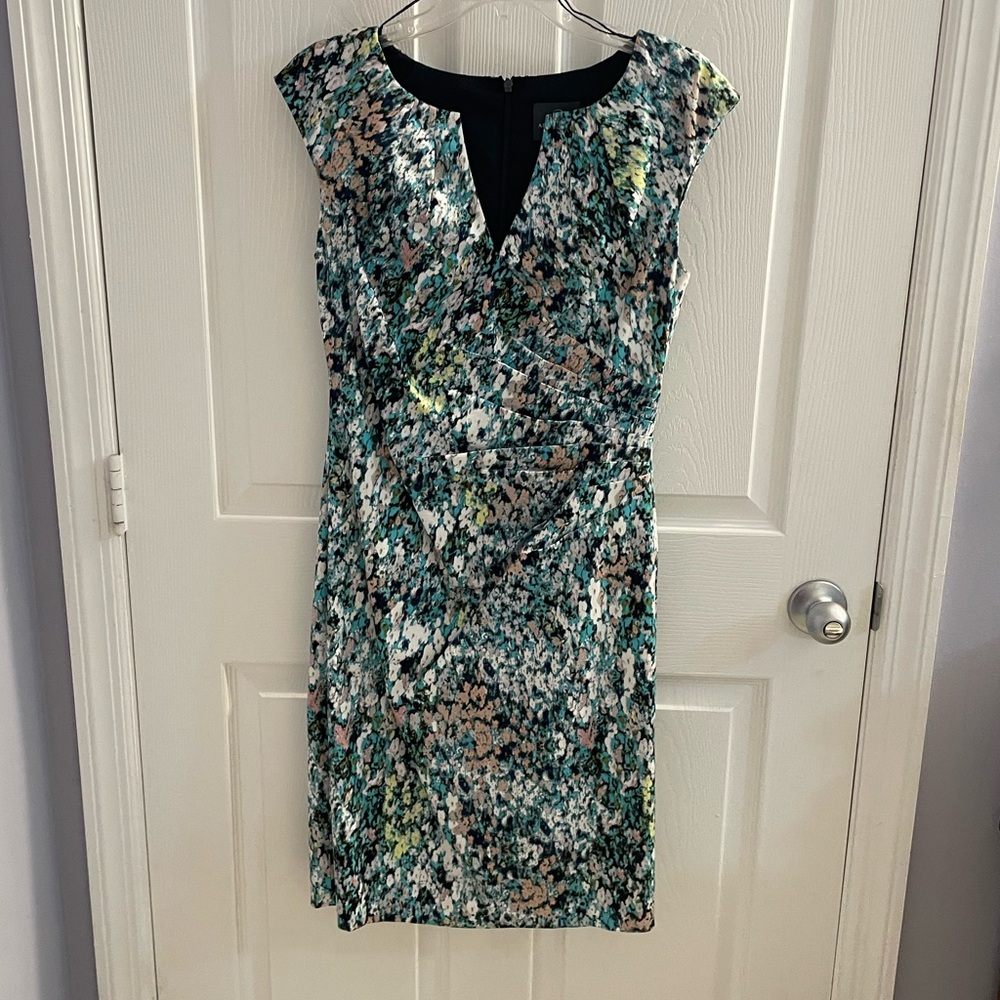 Adrianna Papell Watercolor Floral Print Fitted Dress in Blue/White/Pink Hues
